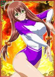  1girl ass bare_legs breasts breasts_squeezed_together brown_hair card_(medium) glasses green_eyes gymnast_leotard hair_ornament highleg highleg_leotard ikkitousen large_breasts leotard long_hair looking_at_viewer official_art purple_leotard ryuubi_gentoku shiny_clothes shiny_skin smile solo very_long_hair wide_hips 