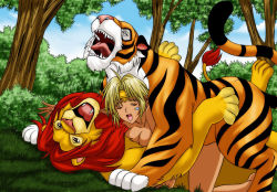    1girl aisha_clanclan aladdin_(disney) anal bestiality blonde_hair crossover disney double_penetration closed_eyes from_behind grass group_sex lion long_hair nude open_mouth outdoors outlaw_star pointy_ears rajah sex simba sky tail the_jungle_book the_lion_king tiara tiger tree vaginal  rating:Explicit score:90 user:tanaab1234567890