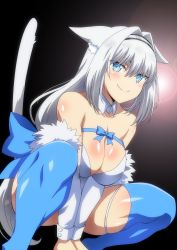  1girl animal_ear_fluff animal_ears bare_shoulders blue_bow blue_eyes blue_ribbon blue_thighhighs blush bow breasts cat_ears cat_girl cat_tail cleavage detached_collar detached_sleeves dobrynya_nikitich_(fate) dress fate/grand_order fate_(series) fur_trim hair_bow hairband hara_(harayutaka) highres large_breasts long_hair looking_at_viewer low_ponytail ribbon short_dress smile solo squatting tail thighhighs thighs white_dress white_hair  rating:Sensitive score:69 user:danbooru