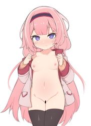  1girl bad_id bad_pixiv_id bar_censor black_thighhighs blush bottomless breasts censored coat fenrir_(fenriluuu) groin hairband highres loli long_hair naked_coat navel nijisanji nipples no_bra no_shirt open_clothes open_coat pink_coat pink_eyes pink_hair pussy simple_background small_breasts smile solo suo_sango suo_sango_(1st_costume) thighhighs very_long_hair virtual_youtuber white_background  rating:Explicit score:167 user:danbooru