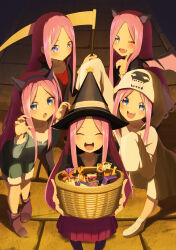  5girls :d :o ;d ^_^ absurdres aged_down alternate_costume animal_costume animal_ears basket bat_ears bat_wings black_cloak black_hat blue_eyes blush brown_footwear child claw_pose cloak closed_eyes closed_mouth collarbone commentary cosplay death_(entity) eyebrows_hidden_by_hair facing_viewer fake_animal_ears fake_wings fang feet_out_of_frame food full_body ghost_costume go-toubun_no_hanayome green_shirt green_shorts grim_reaper grim_reaper_(cosplay) halloween halloween_costume happy hat highres holding holding_basket holding_scythe long_hair looking_at_viewer mary_janes multiple_girls nakano_ichika nakano_itsuki nakano_miku nakano_nino nakano_yotsuba night one_eye_closed open_mouth outdoors parted_bangs pink_hair pleated_skirt quintuplets red_skirt scythe shirt shoes shorts siblings sidelocks sisters skirt skull_print sleeves_past_fingers sleeves_past_wrists smile smug straight-on straight_hair sweets teeth upper_teeth_only v-shaped_eyebrows vampire_costume very_long_hair white_footwear wings witch witch_hat wolf_costume wolf_ears yasuba_yuichi 