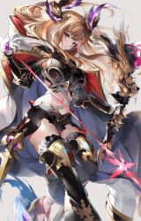  1girl arrow_(projectile) belt bow_(weapon) breasts brown_eyes brown_hair cloak detached_pants granblue_fantasy highres hinahino large_breasts long_hair looking_at_viewer midriff navel parted_lips shorts simple_background solo song_(granblue_fantasy) weapon 