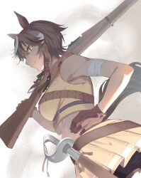  1girl animal_ears aro_16666 bandaged_arm bandages breasts brown_eyes brown_gloves brown_hair closed_mouth commission crop_top from_below gloves gun hand_on_own_hip highres holding holding_gun holding_weapon horse_ears horse_girl horse_tail indie_virtual_youtuber medium_breasts over_shoulder pleated_skirt rifle saber_(weapon) second-party_source sheath sheathed shirt skeb_commission skirt sleeveless sleeveless_shirt solo sword tail tomoe_umari virtual_youtuber weapon weapon_over_shoulder yellow_shirt yellow_skirt 
