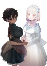  2girls absurdres albino apron bad_id bad_pixiv_id black_dress black_hair blue_nails bob_cut breasts brown_apron brown_eyes closed_mouth colored_eyelashes contrast couple dark-skinned_female dark_skin dress ear_piercing earrings frilled_apron frills hair_between_eyes highres holding_hands interracial jewelry juliet_sleeves large_breasts light_blue_dress long_sleeves looking_at_viewer maid maid_apron maid_headdress medium_breasts micchan_(ohisashiburi) multiple_girls nacchan_(ohisashiburi) nail_polish ohisashiburi original parted_lips piercing pink_eyes pink_lips print_apron puffy_sleeves red_eyes short_hair simple_background smile standing turtleneck waist_apron white_apron white_background white_frills white_hair yuri  rating:Sensitive score:43 user:danbooru