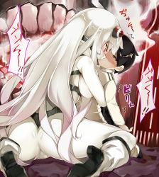 10s 1boy 1girl abyssal_ship admiral_(kancolle) airfield_princess ankle_boots black_hair blush bodysuit boots hair_ornament hetero horns kantai_collection kiss little_boy_admiral_(kancolle) long_hair monster naha78 pale_skin personification red_eyes shota very_long_hair white_footwear white_hair rating:Questionable score:74 user:danbooru