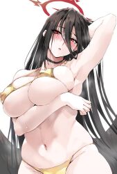  1girl armpits bikini black_choker black_hair black_wings blue_archive blush breast_hold breasts choker cleavage collarbone covered_erect_nipples feathered_wings gold_bikini groin hair_between_eyes halo hasumi_(blue_archive) highres large_breasts long_hair looking_at_viewer navel plump red_eyes skindentation solo swimsuit very_long_hair wings zekkyon 