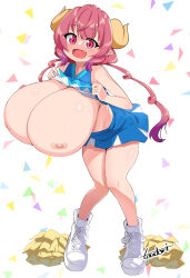 1girl bandaid bandaid_on_breast breasts breasts_out cheerleader covered_erect_nipples full_body gigantic_breasts highres horns huge_breasts ilulu_(maidragon) kobayashi-san_chi_no_maidragon long_hair looking_at_viewer open_mouth pink_eyes pink_hair shoes shortstack smile sneakers solo toudori rating:Questionable score:112 user:RIG