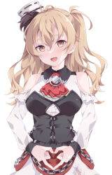  1girl ascot blonde_hair bodice breasts brown_eyes chain hat heart heart_hands kantai_collection kukimaru long_hair medium_breasts mini_hat one_side_up red_ascot red_skirt shirt simple_background skirt smile solo tilted_headwear upper_body wavy_hair white_background white_shirt zara_(kancolle) zara_due_(kancolle) 