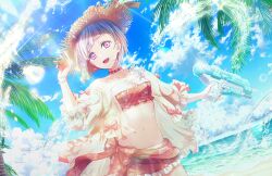  1girl :d beach bikini bikini_shorts blue_sky bob_cut breasts cloud colored_inner_hair diagonal_bangs finger_on_trigger floral_print floral_print_bikini frilled_bikini frills game_cg grey_hair hibiscus_print highres holding holding_water_gun inverted_bob jacket jacket_over_swimsuit link!_like!_love_live! looking_at_viewer love_live! multicolored_hair navel official_art open_clothes open_jacket open_mouth palm_tree pink_bikini pink_eyes pink_sarong red_hair see-through see-through_jacket short_hair shorts sky sleeves_past_elbows small_breasts smile solo splash!!!!_(love_live!) stomach streaked_hair swimsuit teeth third-party_source tree upper_teeth_only virtual_youtuber water water_drop water_gun yugiri_tsuzuri 