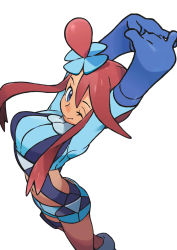 1girl ;) arms_up blue_eyes blue_gloves blue_shirt blue_shorts breasts closed_mouth creatures_(company) crop_top elbow_gloves feet_out_of_frame from_above game_freak gloves gym_leader hair_between_eyes hair_bun hair_ornament holster large_breasts long_hair long_sleeves looking_at_viewer midriff mizutani_megumi navel nintendo official_art one_eye_closed own_hands_together pokemon pokemon_bw pouch red_hair shirt short_hair_with_long_locks shorts sidelocks simple_background single_hair_bun skyla_(pokemon) smile solo stomach stretching suspenders thigh_holster thigh_pouch thigh_strap white_background rating:Sensitive score:20 user:danbooru