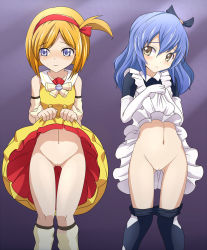  2girls asaricurry bare_shoulders black_legwear blanche_(pokemon_anime) blonde_hair blue_hair blush bow closed_mouth clothes_lift clothes_pull collarbone concetta_(pokemon) creatures_(company) detached_sleeves dress dress_lift elbow_gloves eyebrows eyelashes game_freak gloves groin hair_between_eyes hair_bow hairband highres lifted_by_self loli long_hair looking_at_viewer looking_away maid multiple_girls navel nintendo no_panties pantyhose pantyhose_pull pokemon pokemon_(anime) pokemon_performer pokemon_xy_(anime) pussy short_hair simple_background skirt skirt_hold skirt_lift standing uncensored white_gloves  rating:Explicit score:61 user:jameskb1