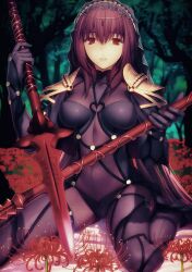  1girl absurdres armor bodysuit breasts brown_hair diadem dual_wielding fate/grand_order fate_(series) flower forest gae_bolg_(fate) gem highres holding holding_weapon kneeling koyama_hirokazu long_hair looking_at_viewer medium_breasts nature official_art on_ground outdoors parted_lips pauldrons polearm purple_bodysuit red_eyes resized scathach_(fate) shoulder_armor sitting skin_tight solo spear spider_lily tree upscaled veil very_long_hair waifu2x wariza weapon 