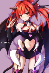 1girl :3 :d arm_behind_back artist_name bad_id bad_pixiv_id bare_shoulders bat_wings blush breasts bridal_gauntlets cleavage cleavage_cutout clothing_cutout cowboy_shot demon_girl demon_tail elsword fishnet_thighhighs fishnets garter_straps halterneck head_wings heart heart_cutout heart_print highleg highleg_leotard highres horns karis_(elsword) leotard long_hair looking_at_viewer midriff navel navel_cutout neon_trim open_mouth purple_background red_eyes red_hair short_shorts shorts smile solo spikes standing swd3e2 tail thigh_strap thighhighs turtleneck twintails wings  rating:Sensitive score:27 user:danbooru