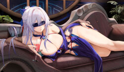  1girl bare_shoulders black_blindfold black_bridal_gauntlets blindfold blue_bow blue_dress blush bow breasts bridal_gauntlets cleavage clothing_cutout commentary couch cup dress drinking_glass hair_bow hair_intakes hair_ornament half_updo highres hip_vent holding holding_cup honkai:_star_rail honkai_(series) indoors jingliu_(honkai:_star_rail) large_breasts lying multicolored_hair navel navel_cutout no_panties on_couch on_side open_mouth parted_bangs purple_hair ru_zhai side_slit sidelocks solo streaked_hair thighs white_hair 