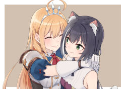  2girls absurdres ahoge animal_ear_fluff animal_ears armor arms_around_neck black_hair blonde_hair blue_sleeves border cat_ears cat_tail closed_eyes closed_mouth diadem elbow_gloves fang fang_out gloves green_eyes grey_background highres hug k-ya. karyl_(princess_connect!) long_hair multiple_girls pecorine_(princess_connect!) princess_connect! shirt short_sleeves shoulder_armor sleeveless sleeveless_shirt tail very_long_hair white_border white_gloves white_shirt 
