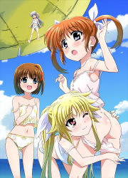 4girls arms_up ass bare_shoulders beach bent_over blonde_hair blue_eyes blue_hair blush brown_hair camisole unworn_clothes cloud cloudy_sky day fate_testarossa hair_ornament hair_ribbon long_hair lyrical_nanoha mahou_shoujo_lyrical_nanoha mahou_shoujo_lyrical_nanoha_a&#039;s midriff miyajima_hitoshi multiple_girls navel off_shoulder one_eye_closed open_mouth outdoors panties purple_eyes red_eyes reinforce_zwei ribbon short_hair short_twintails sky smile takamachi_nanoha twintails umbrella underwear x_hair_ornament yagami_hayate yuri  rating:Questionable score:44 user:danbooru