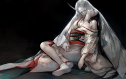 1girl androgynous black_hair blindfold breasts chm cleavage demon holding_hands horns japanese_clothes kimono legs long_hair miko off_shoulder original pale_skin tabi very_long_hair white_hair rating:Sensitive score:15 user:danbooru