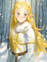  1girl blonde_hair blush coat forest green_eyes hair_ornament ling5707 long_hair looking_to_the_side nature nintendo outdoors pointy_ears princess_zelda snow snowing solo the_legend_of_zelda the_legend_of_zelda:_tears_of_the_kingdom upper_body white_coat wind winter 