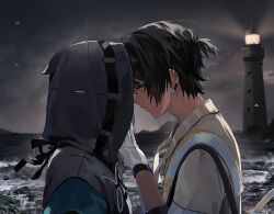  1boy 1other arknights black_hair black_jacket brown_jacket commentary couple dark-skinned_male dark_skin doctor_(arknights) earclip earrings gloves grey_sky hand_on_another&#039;s_chin head_tilt highres hishoti_cheese hood hood_up hooded_jacket imminent_kiss jacket jewelry lighthouse mountainous_horizon night night_sky outdoors short_hair short_ponytail sky sleeves_rolled_up thorns_(arknights) waves white_gloves yellow_eyes 