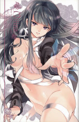  1girl absurdres bandages black_hair blazer breasts breasts_out darker_than_black foreshortening hair_censor hair_over_breasts hazuki_mina_(darker_than_black) highres jacket looking_at_viewer navel nude ocha_(oteaaa) off_shoulder open_clothes outstretched_arm purple_eyes small_breasts solo tsurime 