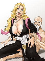 1girl arm_grab azasuke bald beard bleach blonde_hair blue_eyes breasts censored cleavage clothed_female_nude_male clothed_sex facial_hair girl_on_top highres japanese_clothes jewelry large_breasts long_hair looking_back matsumoto_rangiku mole necklace nipples nude old old_man open_mouth penis pubic_hair pussy reverse_cowgirl_position scar sex sex_from_behind sitting straddling sweat torn_clothes vaginal white_hair yamamoto-genryuusai_shigekuni rating:Explicit score:114 user:Kentabarou