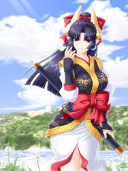  1girl black_hair cloud female_focus flower highres japanese_clothes katana kimono outdoors plant pointy_ears purple_eyes ribbon sky solo standing sword water weapon  rating:Sensitive score:13 user:lorddragon