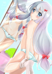 10s 1girl absurdres ascii_media_works ass beasts blue_eyes blush bow bow_panties butt_crack eromanga_sensei flat_chest from_behind groin hair_censor hair_over_breasts highres izumi_sagiri leg_lift leg_up loli long_hair looking_back mirror navel nipples panties panty_pull reflection shinonome_mozuku silver_hair sock_pull socks solo standing standing_on_one_leg striped_clothes striped_panties topless underwear undressing rating:Questionable score:49 user:danbooru