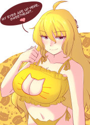 ... 1girl absurdres ahoge alternate_costume animal_print bell blonde_hair blush breasts cat_cutout cat_ear_panties cat_lingerie cat_print choker cleavage_cutout closed_mouth clothing_cutout collarbone english_text eyebrows frills heart highres jingle_bell large_breasts long_hair looking_at_viewer meme_attire navel neck_bell panties paw_print purple_eyes revision rwby side-tie_panties signature smile solo speech_bubble stomach underwear underwear_only upper_body white_background yang_xiao_long z666ful rating:Sensitive score:82 user:danbooru