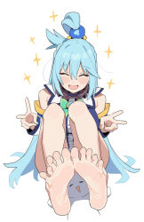  1girl 1other :d ^_^ aqua_(konosuba) bare_legs bare_shoulders barefoot blue_hair blush_stickers closed_eyes commentary cyjalway detached_sleeves double_v english_commentary facing_viewer feet foot_focus full_body hair_between_eyes highres kono_subarashii_sekai_ni_shukufuku_wo! light_blue_hair long_hair open_mouth simple_background sitting smile soles solo_focus sparkle toes v very_long_hair white_background  rating:Sensitive score:76 user:danbooru