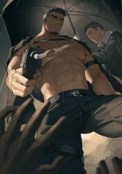  2boys abs aiming aiming_at_viewer bandaid bandaid_on_face bandaid_on_nose bara bare_pectorals belly facial_hair feet_out_of_frame foreshortening from_below frown gangster goatee gun head_tilt holding holding_gun holding_umbrella holding_weapon large_pectorals looking_at_viewer male_focus mature_male multiple_boys muscular muscular_male navel nipples original pants pectorals pov pov_hands shared_umbrella short_hair sideburns_stubble standing stomach strongman_waist stubble tekkowang thick_eyebrows thick_thighs thighs umbrella weapon 