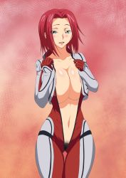1girl absurdres areola_slip black_pubic_hair blue_eyes blush bodysuit breasts_squeezed_together breasts cleavage code_geass cowboy_shot female_focus female_pubic_hair groin hands_on_own_chest hands_up highres hip_focus huge_breasts iwao178 kouzuki_kallen legs legs_together light_blush looking_at_viewer navel no_bra no_panties open_clothes open_mouth pubic_hair pubic_hair_peek red_hair short_hair simple_background smile solo standing sunrise_(company) thigh_gap thighs unzipped rating:Explicit score:82 user:Ynyswydryn