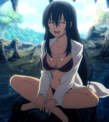 1girl bikini black_hair breasts cleavage closed_eyes coat highres lab_coat large_breasts legs long_hair magatoki_kato navel open_clothes open_coat red_bikini screencap sitting smile solo stitched strike_the_blood swimsuit thighs third-party_edit underboob  rating:Sensitive score:41 user:spk