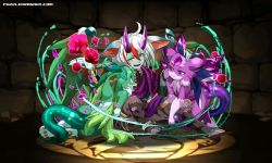  1boy 2girls :3 amir_(p&amp;d) carbuncle earth_light_carbuncle flower furry green_eyes green_hair horns moonlight_carbuncle multiple_girls official_art purple_eyes purple_hair puzzle_&amp;_dragons rose satyr tagme white_hair yellow_eyes  rating:Sensitive score:4 user:Leftoverfiend
