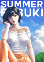  1girl absurdres alternate_costume bare_shoulders black_hair blouse blue_sky breasts casual character_name cloud cloudy_sky collarbone commentary english_commentary eyeliner fubuki_(one-punch_man) green_eyes highres large_breasts leg_up lips makeup medium_breasts midriff navel no_bra nose off-shoulder_shirt off_shoulder one-punch_man orange_pants pants shirt short_hair sitting sky solo strigi_signum summer  rating:Sensitive score:34 user:danbooru