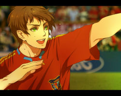  1boy 2010_fifa_world_cup archer_pose axis_powers_hetalia bad_id bad_pixiv_id brown_hair green_eyes highres letterboxed male_focus open_mouth senano-yu short_hair smile soccer solo spain_(hetalia) sportswear sweat tan world_cup 