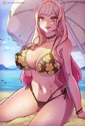  1girl beach beach_umbrella bikini blonde_hair blue_sky bracelet breasts choker cleavage commentary covered_erect_nipples day english_commentary eyelashes floral_print gradient_hair himmely jewelry kitagawa_marin large_breasts long_hair looking_ahead mountainous_horizon multicolored_hair navel on_ground outdoors patreon_logo patreon_username pink_eyes sitting sky solo sono_bisque_doll_wa_koi_wo_suru stomach sweat swimsuit thighs tongue tongue_out umbrella water 