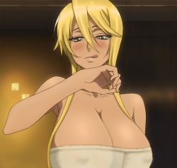  1girl bare_shoulders blonde_hair blush breasts cleavage cropped highschool_of_the_dead huge_breasts long_hair looking_at_viewer marikawa_shizuka naked_towel naughty_face screencap shiny_skin smile solo third-party_edit tongue tongue_out towel upper_body yellow_eyes  rating:Questionable score:94 user:shadowthecorn