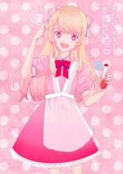1girl alternate_costume apron blonde_hair chaos_marie_(grimms_notes) gradient_hair grimms_notes heart heart-shaped_pupils highres long_hair maid_apron motimoti_neko multicolored_hair open_mouth pink_background pink_eyes puffy_short_sleeves puffy_sleeves short_sleeves smile solo symbol-shaped_pupils