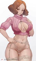  1girl alterlesott blush breasts breasts_apart brown_eyes brown_hair clothing_cutout covered_erect_nipples cowboy_shot crop_top garter_belt garter_straps highres large_breasts lingerie looking_at_viewer nail_polish navel okumura_haru parted_lips patreon_username persona persona_5 pink_sweater short_hair solo sweater thigh_gap thighhighs thighs underwear white_background  rating:Questionable score:134 user:danbooru