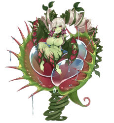  arm_up breasts character_name character_profile colored_skin curly_hair detached_sleeves feet flower green_hair green_skin grin hair_ornament hands_up highres kenkou_cross large_breasts leaf leaf_hair_ornament liquid long_hair looking_to_the_side man-eater_(claustrophyte)_(monster_girl_encyclopedia) monster_girl monster_girl_encyclopedia multicolored_hair nude official_art pink_flower plant pointy_ears purple_eyes sharp_teeth smile spikes teeth twintails venus_flytrap white_background white_hair  rating:Questionable score:63 user:danbooru