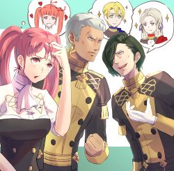  1girl 2boys ascot clenched_hand dedue_molinaro dimitri_alexandre_blaiddyd earrings edelgard_von_hresvelg fire_emblem fire_emblem:_three_houses garreg_mach_monastery_uniform gloves grey_hair hair_over_one_eye hand_up heart hilda_valentine_goneril hubert_von_vestra jewelry long_sleeves multiple_boys nintendo pink_hair playing_with_own_hair riou_(pooh920) short_hair simple_background sparkle spoken_character twintails white_ascot white_gloves 