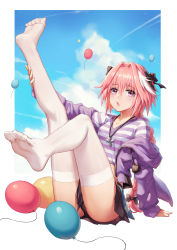 1boy artist_name ass astolfo_(fate) astolfo_(memories_at_trifas)_(fate) balloon black_bow black_panties black_skirt blush bow braid chestnut_mouth commentary_request fate/grand_order fate_(series) feet hair_between_eyes hair_bow hair_intakes highres jacket jewelry leg_up long_hair long_sleeves looking_at_viewer male_focus miniskirt mool_yueguang multicolored_hair necklace off_shoulder official_alternate_costume open_mouth panties pink_hair purple_eyes purple_jacket purple_shirt shirt single_braid skirt soles solo streaked_hair striped_clothes striped_shirt thighhighs trap two-tone_shirt underwear white_hair white_shirt white_thighhighs rating:Sensitive score:79 user:danbooru
