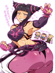 1girl armpits ass bad_anatomy bad_id bad_pixiv_id bare_shoulders black_hair bracelet breasts bun_cover cameo cammy_white capcom chibi chinese_clothes chun-li clenched_hand curvy detached_sleeves doboshiru double_bun dudou elbow_gloves eyeliner fighting_stance fingerless_gloves garrison_cap gloves grin guile hair_bun han_juri hat huge_ass jewelry makeup medium_breasts nail_polish panties pantyhose plump pointy_hair purple_eyes sideboob simple_background smile solo_focus spiked_bracelet spikes street_fighter street_fighter_iv_(series) sweat thick_thighs thighs thong translation_request underwear white_background rating:Questionable score:132 user:thebatman