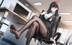  1girl black_hair black_skirt blue_archive blush breasts chair closed_mouth crossed_legs desk feet halo highres indoors jacket large_breasts legs long_hair long_sleeves looking_at_viewer no_shoes office_chair pantyhose pleated_skirt red_eyes rio_(blue_archive) shoes sitting skirt soles solo stardust_(chen&#039;ai_weiding) sweater swivel_chair thighband_pantyhose thighs toes turtleneck turtleneck_sweater white_sweater 