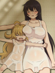 10s 2girls ahoge amaama_to_inazuma awa black_hair blonde_hair blush breast_press breasts closed_eyes covered_erect_nipples dress flat_chest iida_kotori inuzuka_tsumugi large_breasts loli long_hair lying multiple_girls no_bra on_back open_mouth outstretched_arms pantylines see-through sleeping spread_arms sweat tatami very_long_hair white_dress rating:Questionable score:197 user:danbooru