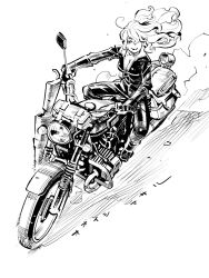  1girl black_bodysuit black_gloves bodysuit breasts cleavage floating_hair full_body gloves highres long_hair lupin_iii lupin_the_third:_mine_fujiko_to_iu_onna medium_breasts mine_fujiko monochrome motor_vehicle motorcycle one_eye_covered ramb_chop simple_background solo white_background 