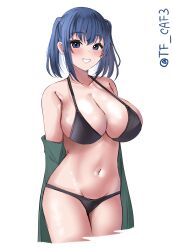  1girl alternate_costume bare_shoulders bikini black_bikini blue_eyes blue_hair breasts cleavage cowboy_shot cropped_legs grin highres kantai_collection large_breasts looking_at_viewer medium_hair navel one-hour_drawing_challenge simple_background smile solo souryuu_(kancolle) swimsuit tf_cafe twintails twitter_username white_background 