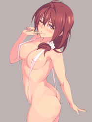  1girl ;) ahoge areola_slip ass bikini blush breasts brown_eyes brown_hair covered_erect_nipples finger_to_mouth from_side hair_ornament highres isshiki_mashiro large_breasts long_hair looking_at_viewer mature_female michairu one_eye_closed revealing_clothes scrunchie short_hair simple_background slingshot_swimsuit smile solo strap_gap swimsuit vividred_operation wink  rating:Questionable score:185 user:danbooru
