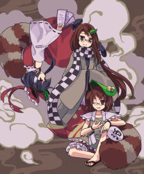  3girls animal_ears bell black_eyes black_hair brown_eyes brown_hair brown_kimono brown_shirt checkered_clothes checkered_scarf closed_mouth commentary_request detached_sleeves flat_chest frilled_ribbon frills futatsuiwa_mamizou futatsuiwa_mamizou_(human) glasses hair_ribbon hair_tubes hakurei_reimu highres japanese_clothes kaigen_1025 kimono leaf leaf_hat leaf_on_head long_hair long_sleeves multiple_girls multiple_persona one_eye_closed open_mouth raccoon_ears raccoon_girl raccoon_tail red_ribbon red_skirt red_vest ribbon ribbon-trimmed_sleeves ribbon-trimmed_vest ribbon_trim round_eyewear sandals scarf shirt short_hair sitting skirt sleeveless sleeveless_shirt smile tail touhou vest white_shirt white_sleeves wide_sleeves 