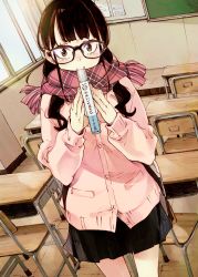  1girl black_hair black_skirt book brown_eyes cardigan classroom cowboy_shot glasses highres holding holding_book inato_serere long_hair original pink_cardigan pink_scarf plaid plaid_scarf scarf scarf_over_mouth skirt solo 